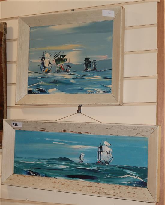 George R. Deakins, two oils on card, shipping at sea, signed, 18 x 59cm and 29 x 39cm